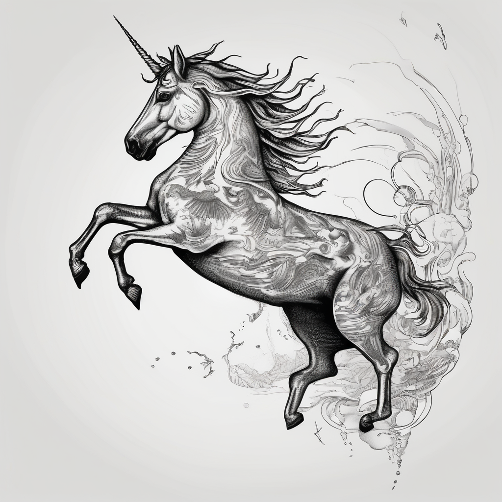 Unicorn jumping over a PENGUIN with the sun, diseño de tatuaje Surrealista generado con IA