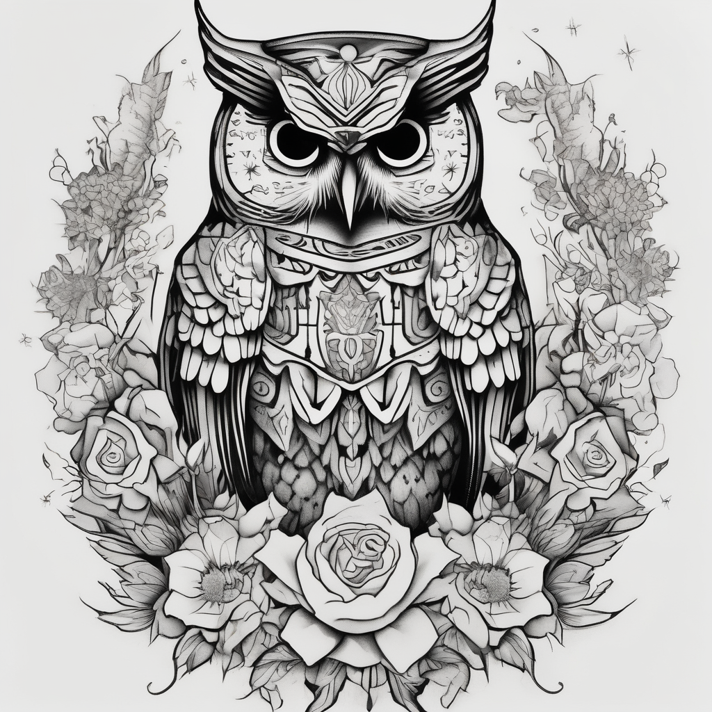 Owl and wildflowers and unicorn and warrior princess half sleeve, design de tatouage Blackwork généré par IA