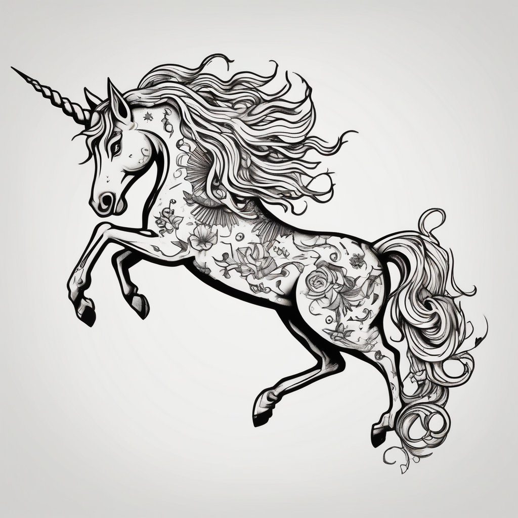 Whimsical unicorn in clouds, design de tatouage Old school généré par IA