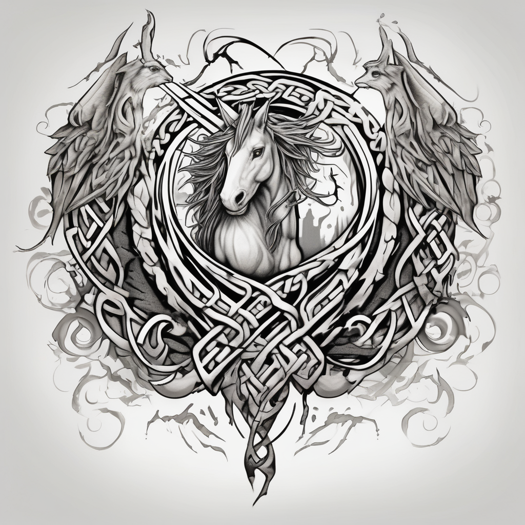celtic band for around an arm, incorporating the word love, a gryffin, a unicorn and a hare, design de tatouage Aquarelle généré par IA