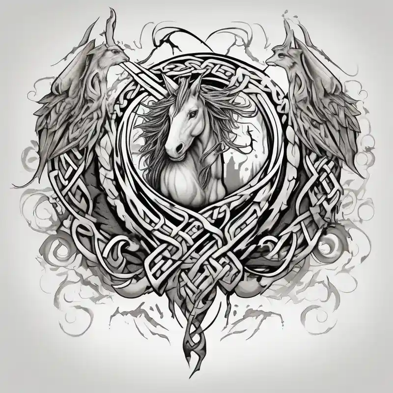 celtic band for around an arm, incorporating the word love, a gryffin, a unicorn and a hare – Aquarelle, Noir et blanc