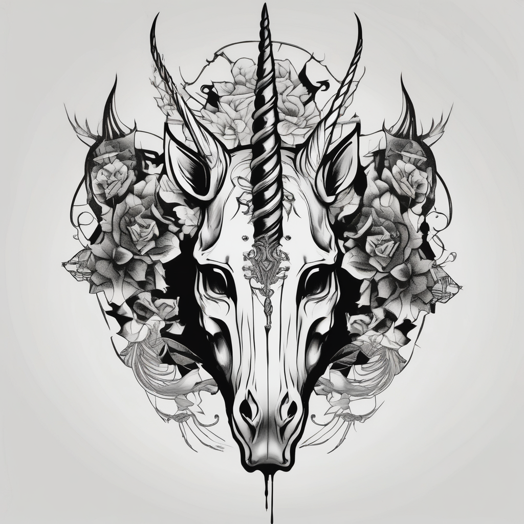 Unicorn skull – A dark twist with a skull and horn., design de tatouage Surréaliste généré par IA