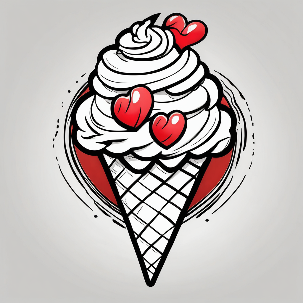 small one scoop ice cream cone with small red heart on it somewhere with unicorn, diseño de tatuaje Cartoon generado con IA