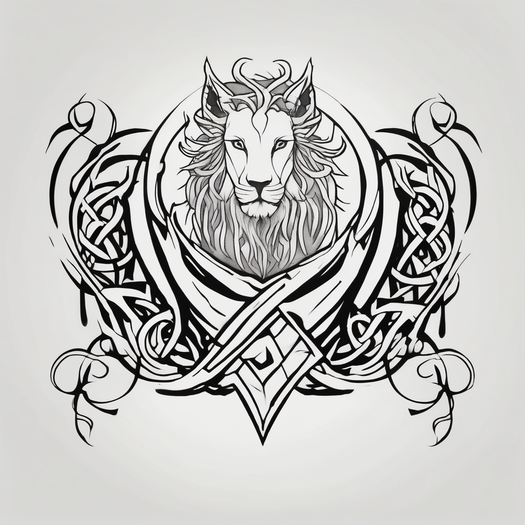 celtic band for around an arm, incorporating the word love, a gryphon, a lion, a unicorn and a hare wedding-band, diseño de tatuaje Minimalista generado con IA