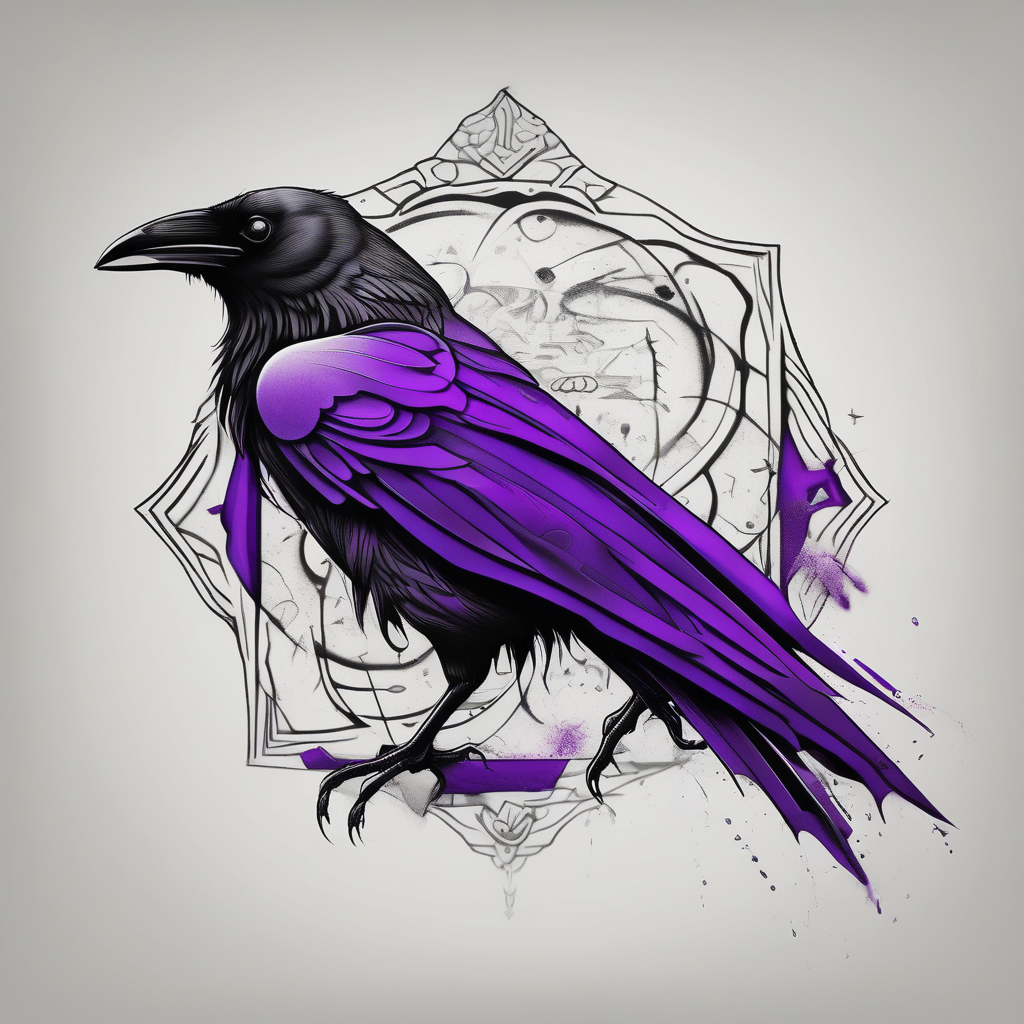 A crow tattoo that incorporates a strip/band of purple somewhere in the design to represent dealing with domestic abuse. Be creative. wedding-band, diseño de tatuaje Surrealista generado con IA