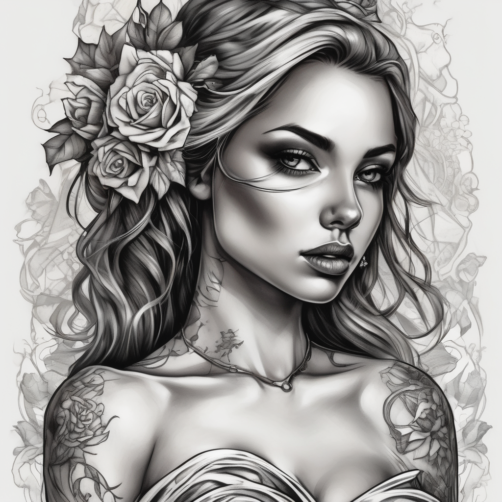 GIRL IN WEDDING DRESS wedding-band, diseño de tatuaje Blanco y negro generado con IA