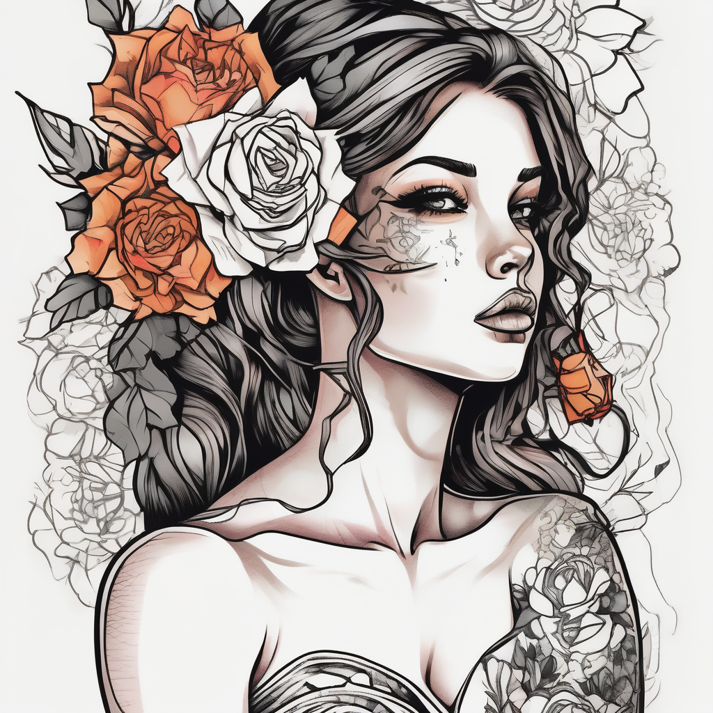 GIRL IN WEDDING DRESS WITH FLOWERS IN HAND wedding-band, diseño de tatuaje Boceto generado con IA