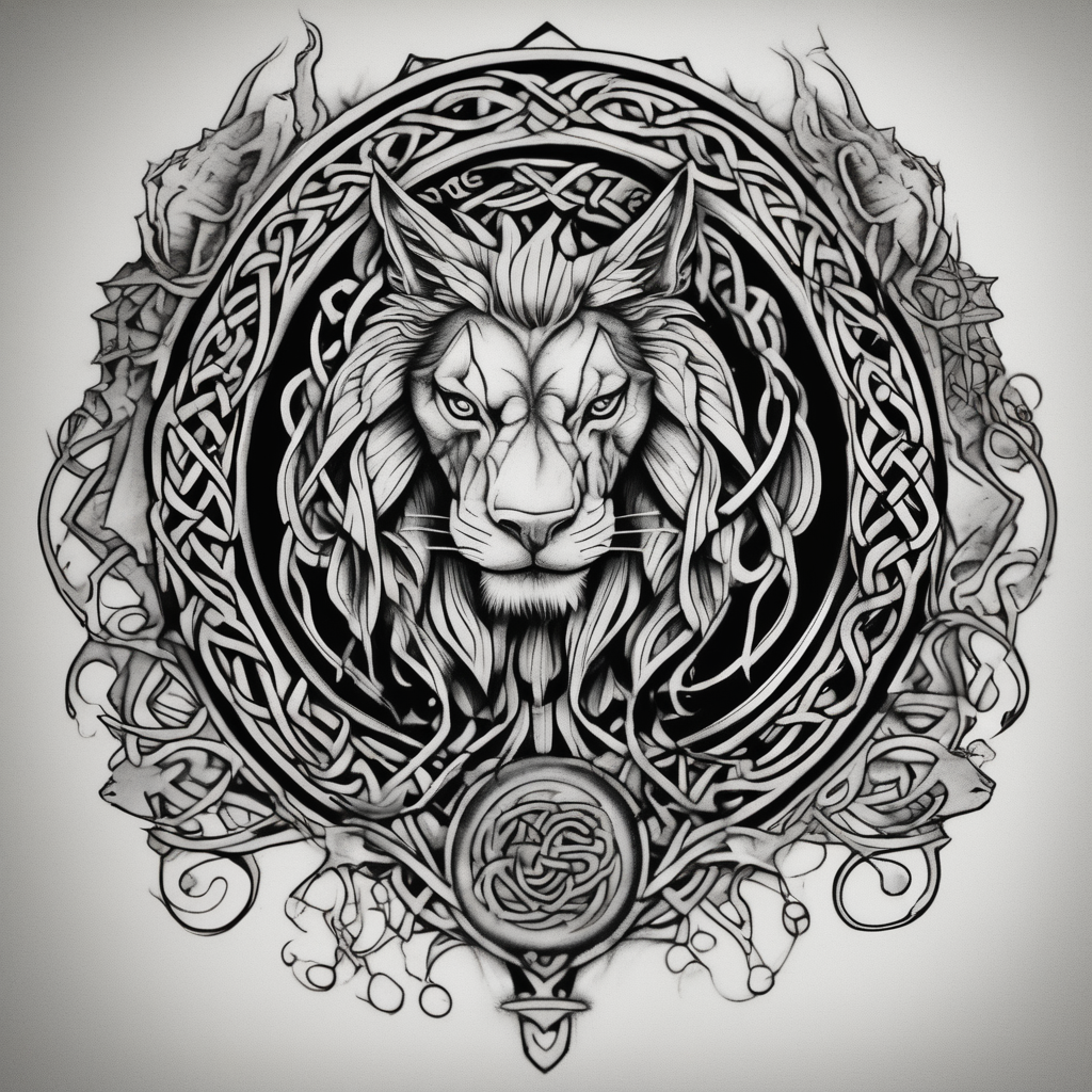 celtic band for around an arm, incorporating the word love, a gryphon, a lion, a unicorn and a hare wedding-band, AI-generated Realistic tattoo design