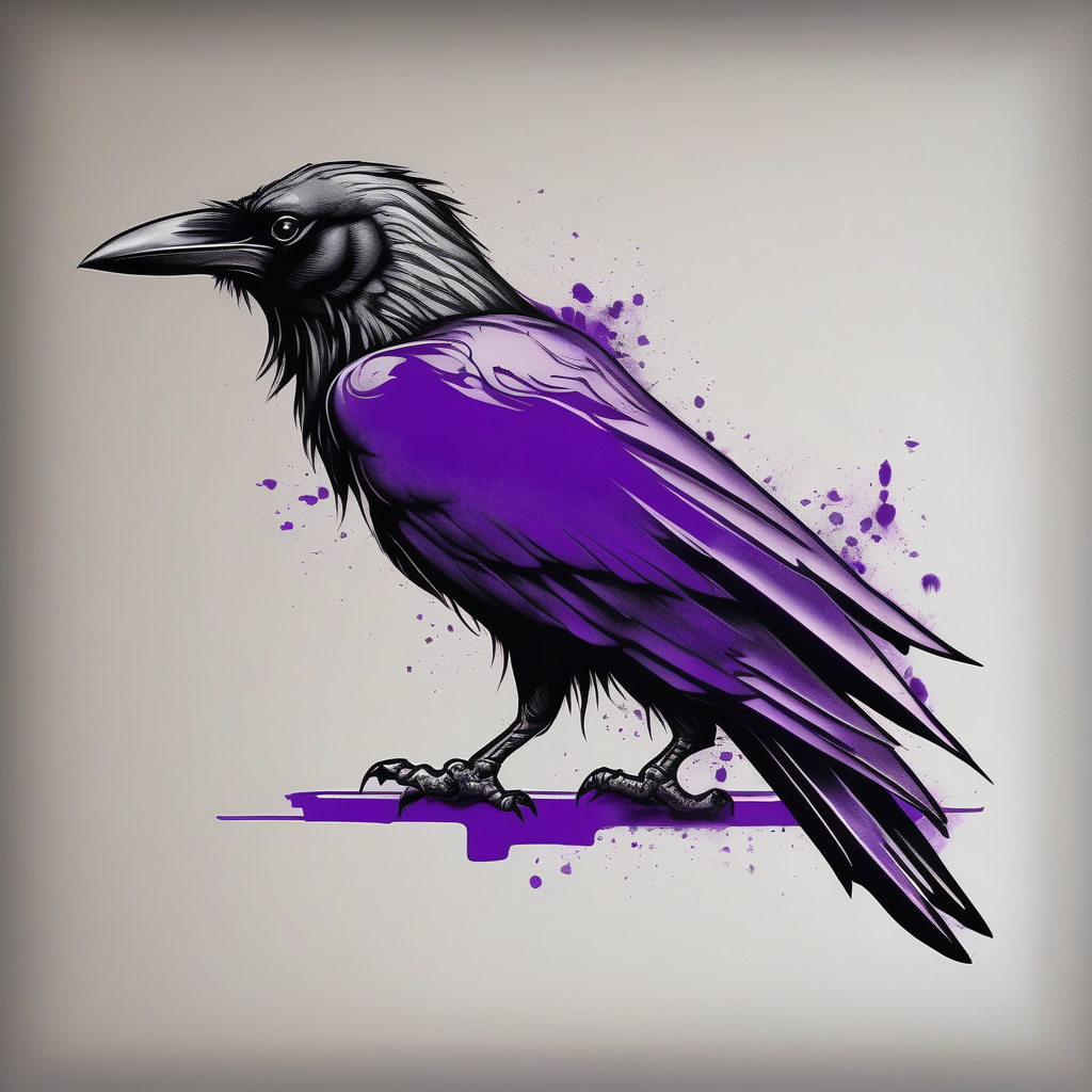 A crow tattoo that incorporates a strip/band of purple somewhere in the design to represent dealing with domestic abuse. Be creative. wedding-band, diseño de tatuaje Realista generado con IA