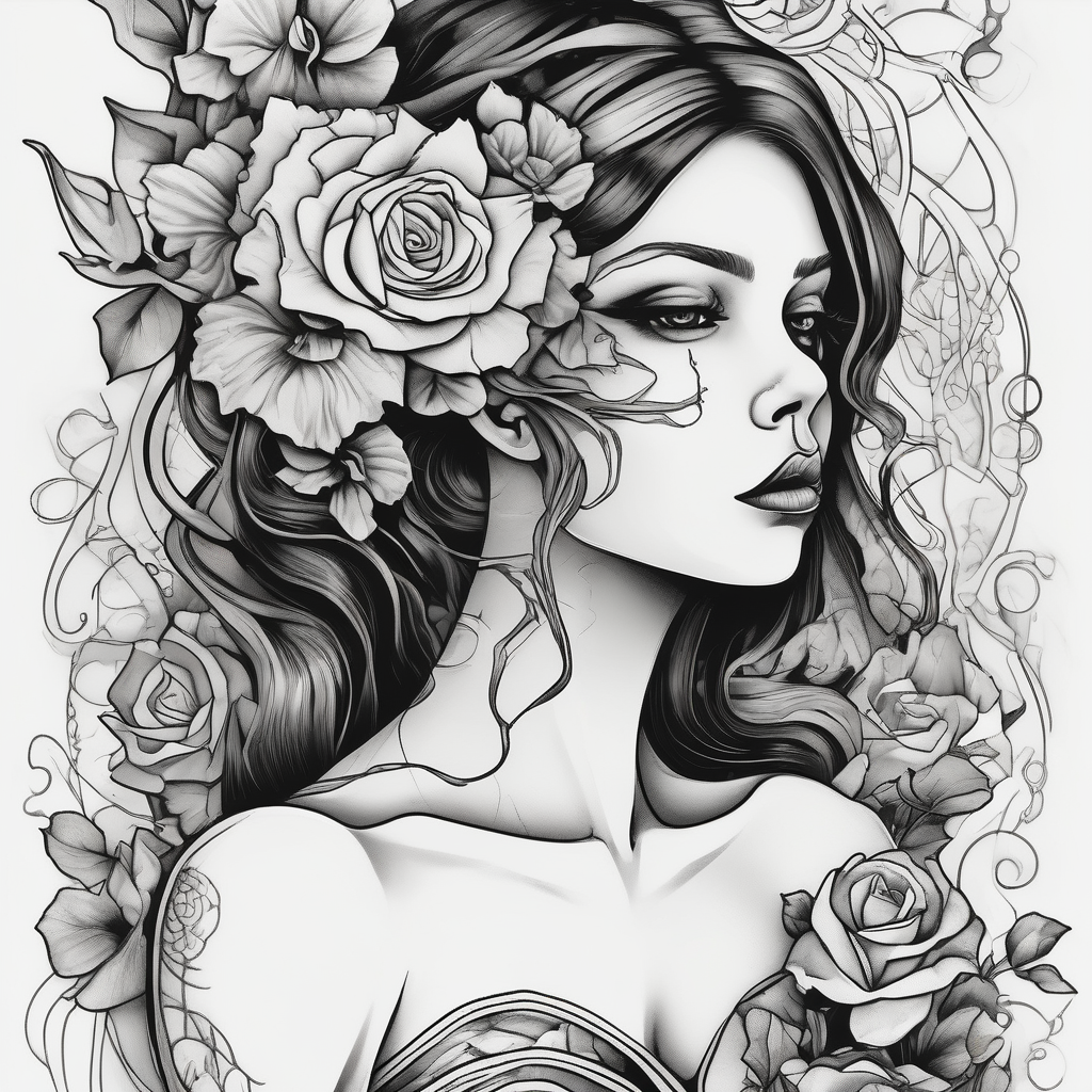 GIRL IN WEDDING DRESS WITH FLOWERS IN HAND wedding-band, diseño de tatuaje Surrealista generado con IA
