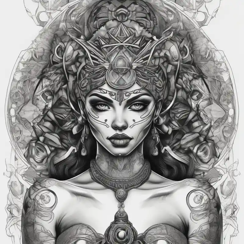 beautiful woman dmt deity eyes white with mandala fully behind head – リアリスティック, 白黒