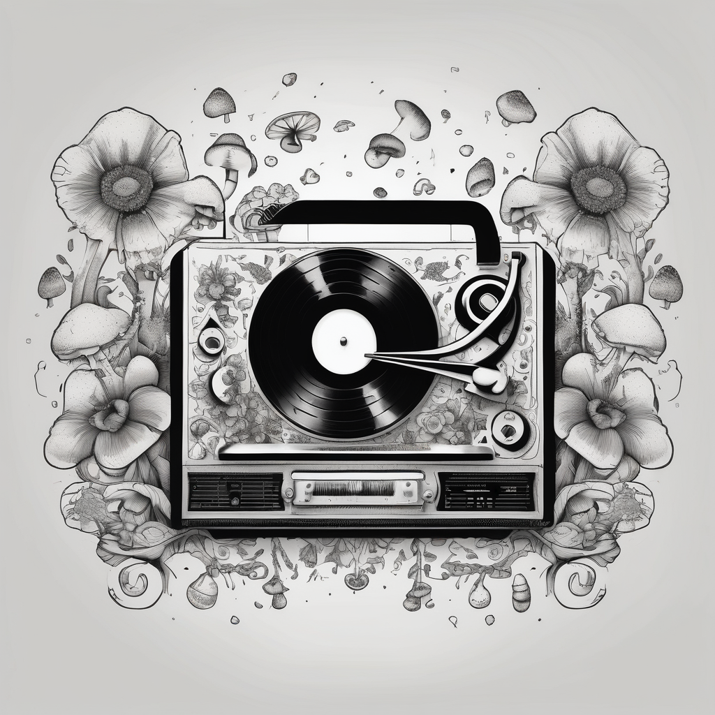 black and white vinyl record player with mushrooms, flowers, and music notes around it white-ink, AI-generated Dotwork tattoo design