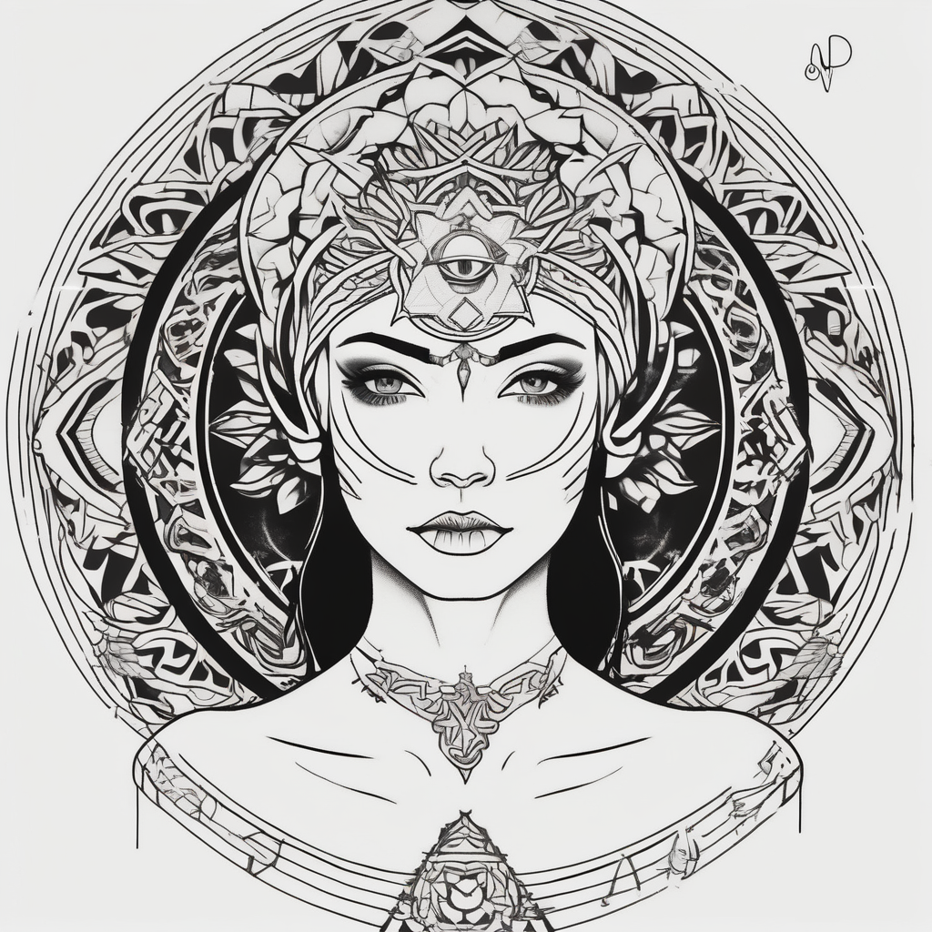 beautiful woman dmt deity eyes white with mandala fully behind head white-ink(AIが生成したミニマルスタイルのタトゥーデザイン)