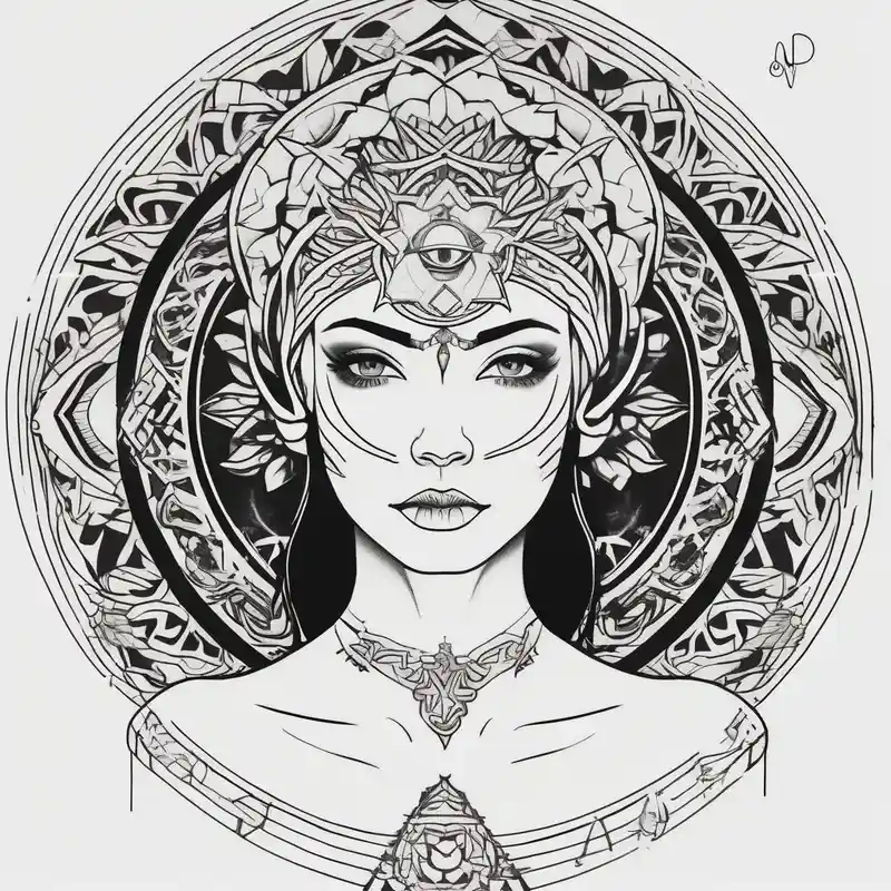 beautiful woman dmt deity eyes white with mandala fully behind head