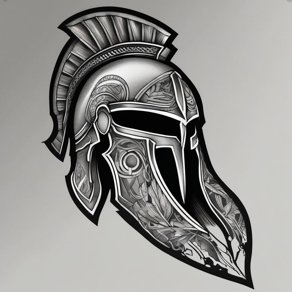 Spartan helmet forearm sleeve, black and white, masculine, aggressive looking, busy flow white-ink(AIが生成したブラックワークスタイルのタトゥーデザイン)