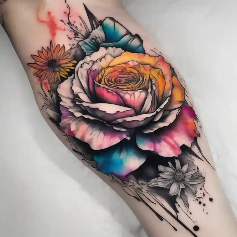 a watercolor tattoo with one rose, one lily, one marigold, and one cosmos flower. Half of it should be black and white and it – シュルレアリスム, 白黒