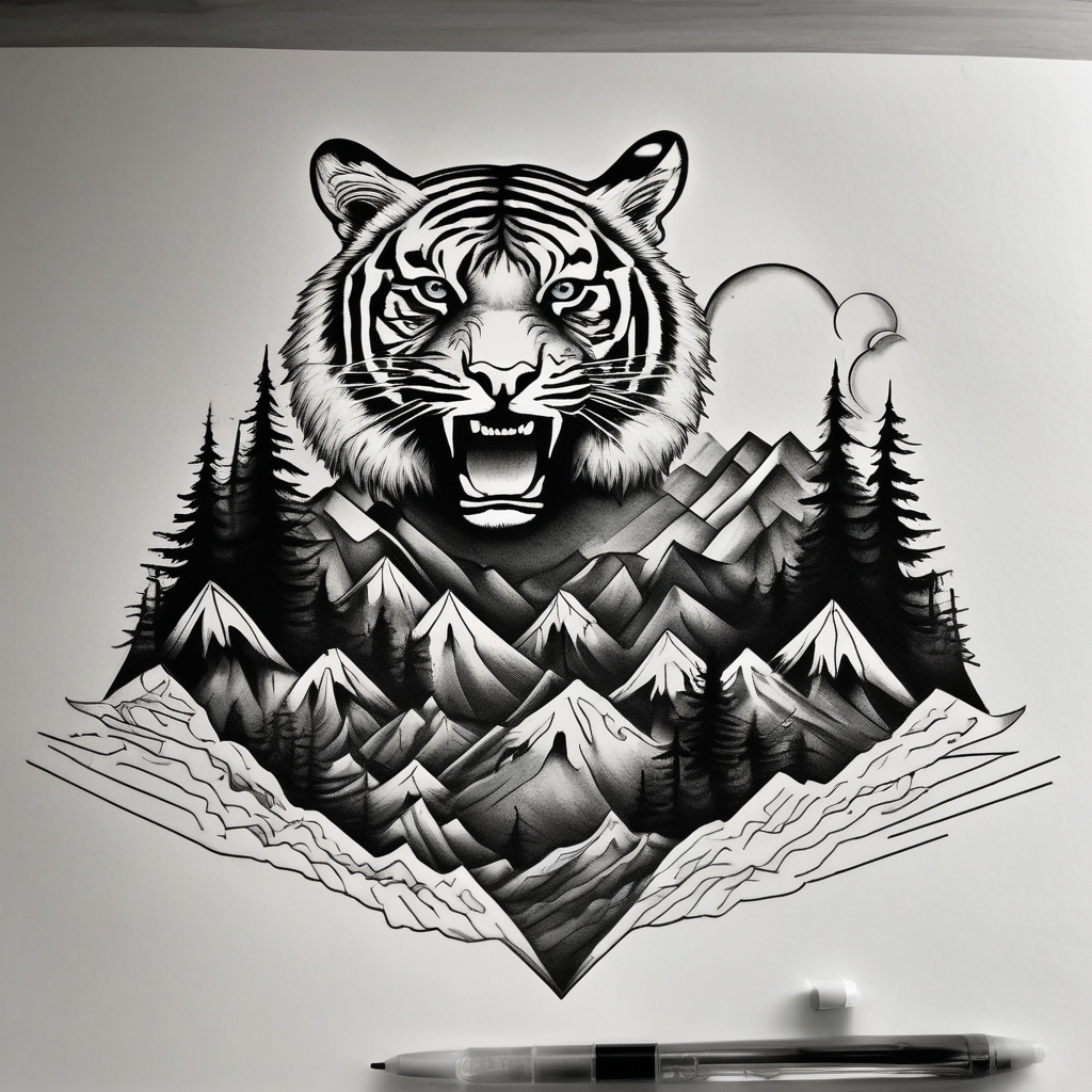 forest mountains in color and tiger shark in black and white white-ink(AIが生成したシュルレアリスムスタイルのタトゥーデザイン)