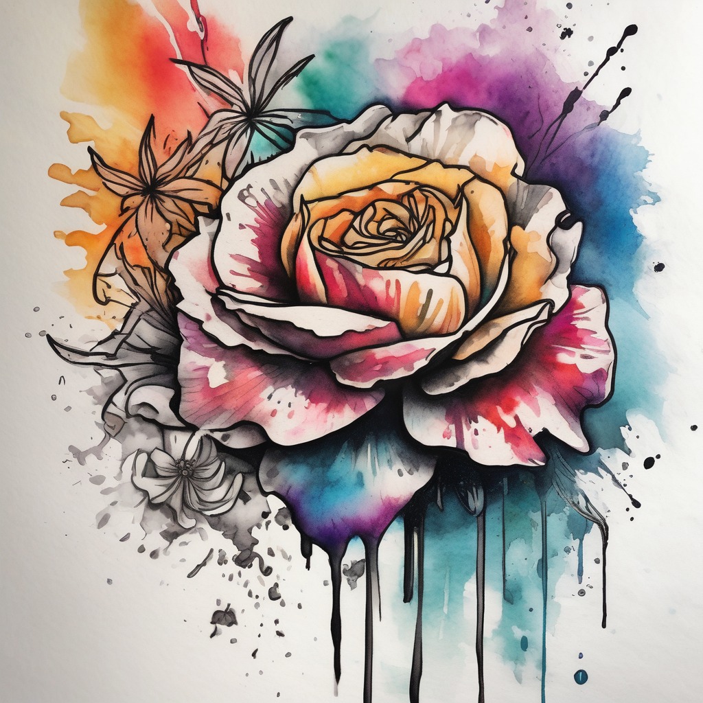 a watercolor tattoo with one rose, one lily, one marigold, and one cosmos flower. Half of it should be black and white and it should transition into rainbow white-ink(AIが生成した水彩スタイルのタトゥーデザイン)