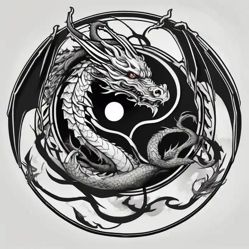 white and black dragon intertwined around the yinyan and with each other