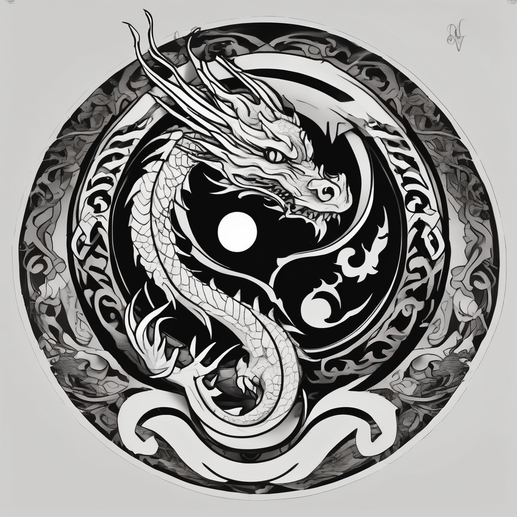 white and black dragon intertwined around the yinyan and with each other white-ink(AIが生成したブラックワークスタイルのタトゥーデザイン)