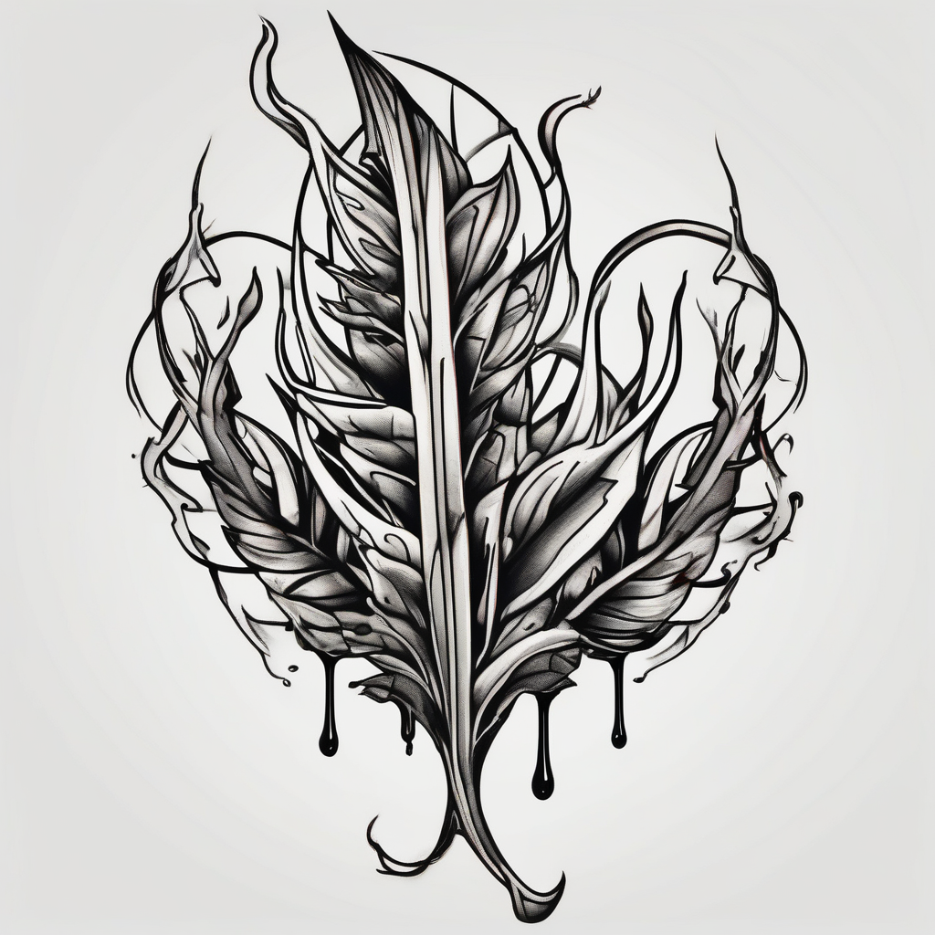 plant with long leaves, dripping like ink, growing from left foot to the cleavage white-ink(AIが生成したオールドスクールスタイルのタトゥーデザイン)