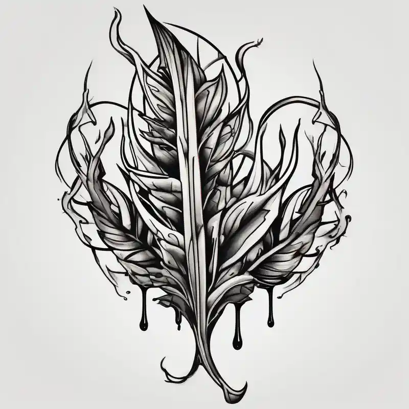 plant with long leaves, dripping like ink, growing from left foot to the cleavage