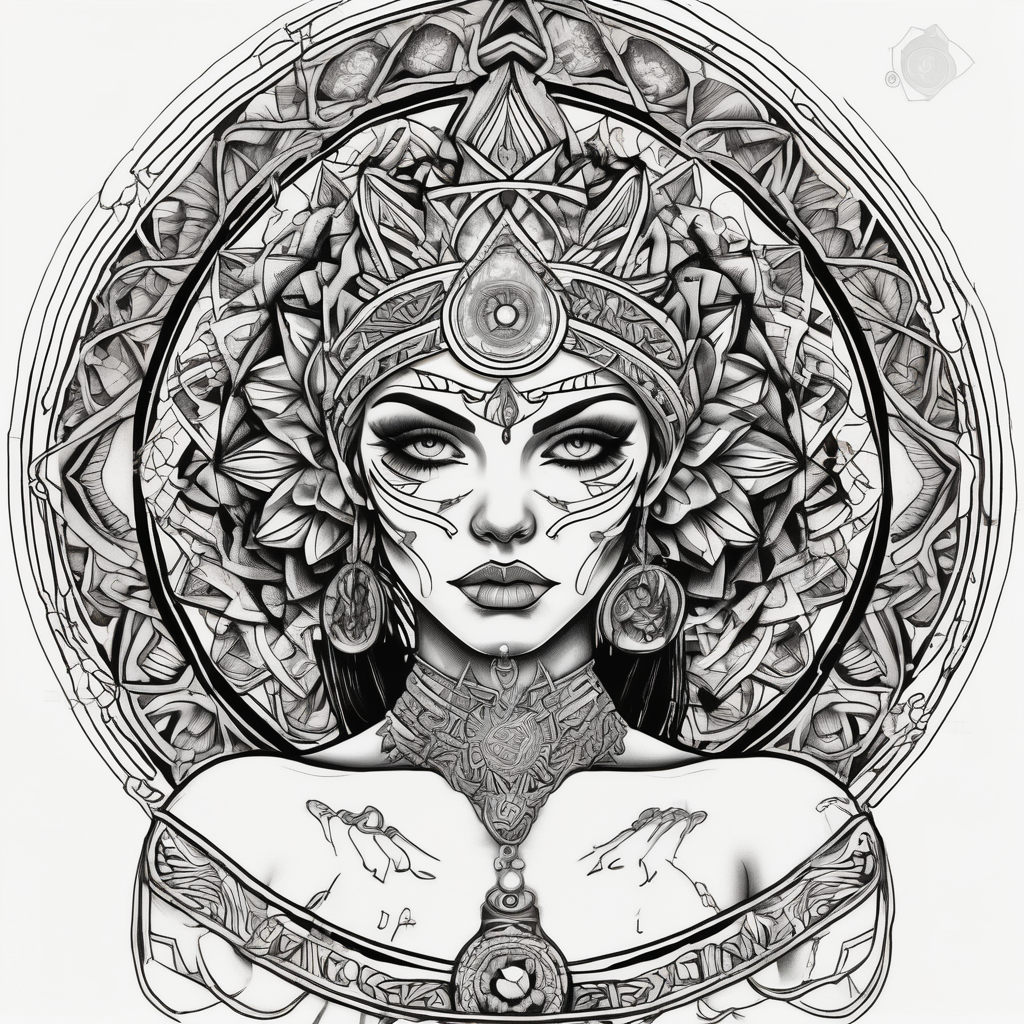 beautiful woman dmt deity eyes white and 3rd eye open with mandala fully behind head white-ink(AIが生成したオールドスクールスタイルのタトゥーデザイン)
