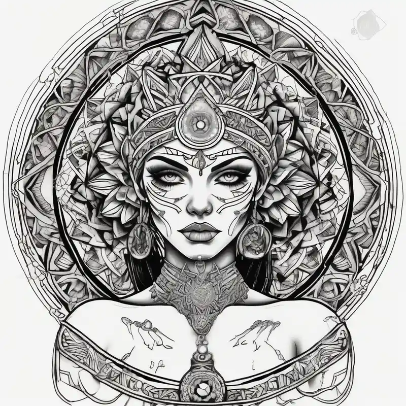 beautiful woman dmt deity eyes white and 3rd eye open with mandala fully behind head