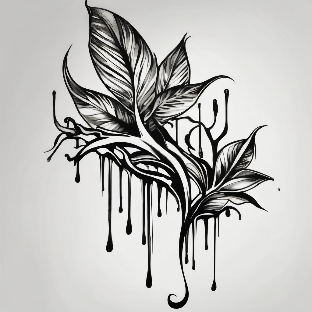 plant with long leaves, dripping like ink, growing from left foot to the cleavage white-ink(AIが生成した白黒スタイルのタトゥーデザイン)