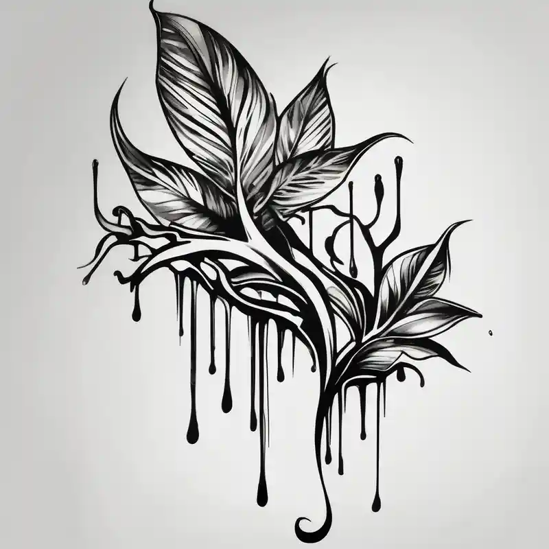 plant with long leaves, dripping like ink, growing from left foot to the cleavage – モノクロ, 白黒