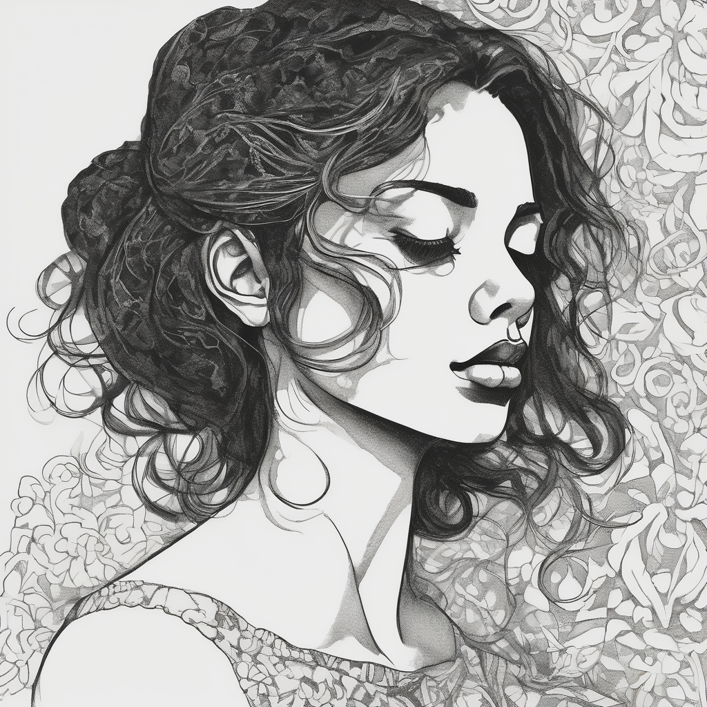 Black and white profile of woman with chin pressed on hand, lace covering her eyes, mouth open suckling on fingers white-ink(AIが生成したスケッチスタイルのタトゥーデザイン)
