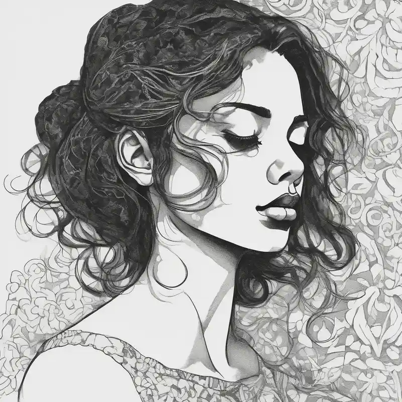 Black and white profile of woman with chin pressed on hand, lace covering her eyes, mouth open suckling on fingers