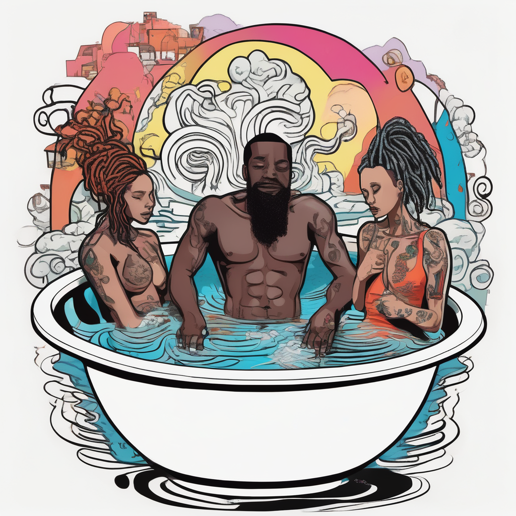 Black guy with dreads inside a foam cup like it’s a jacuzzi with two white girls white-ink(AIが生成したシュルレアリスムスタイルのタトゥーデザイン)