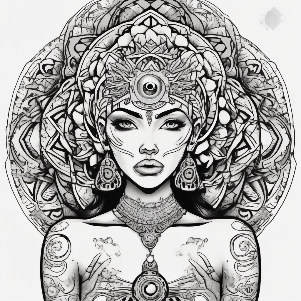 beautiful woman dmt deity eyes white and 3rd eye open with mandala fully behind head white-ink(AIが生成したカートゥーンスタイルのタトゥーデザイン)