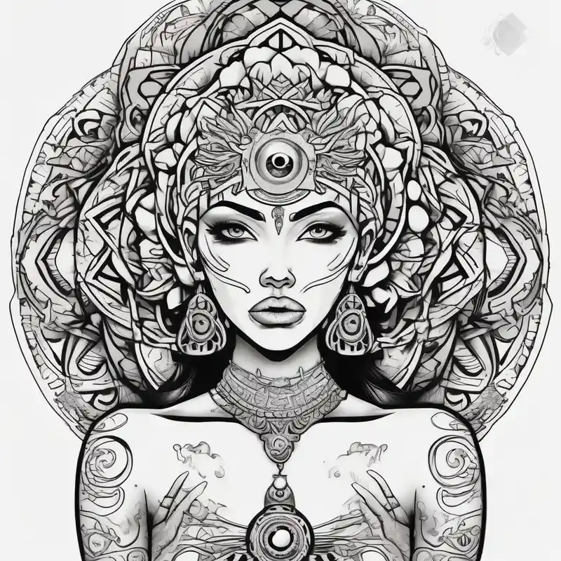 beautiful woman dmt deity eyes white and 3rd eye open with mandala fully behind head – カートゥーン, カラフル