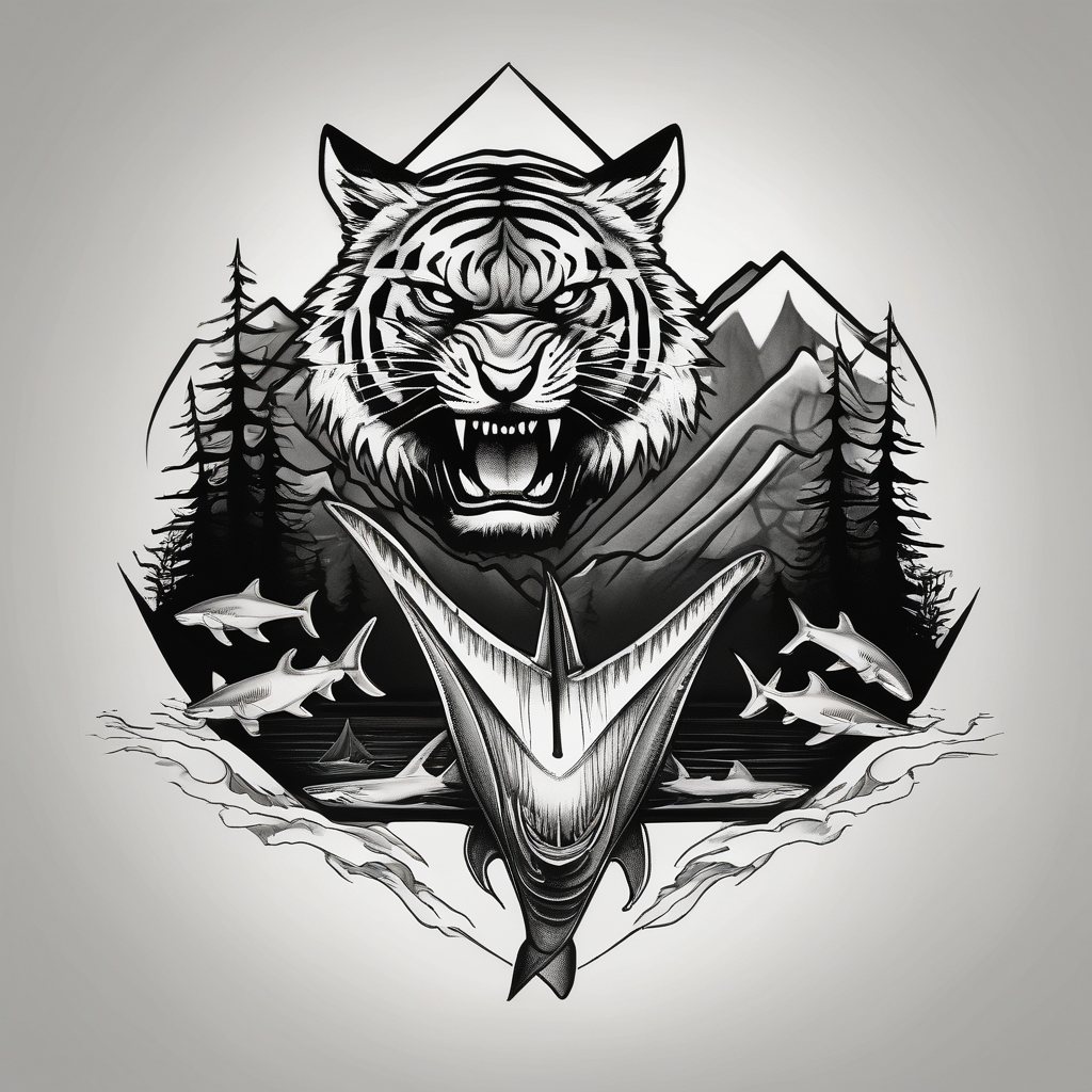 forest mountains in color and tiger shark in black and white white-ink(AIが生成した白黒スタイルのタトゥーデザイン)