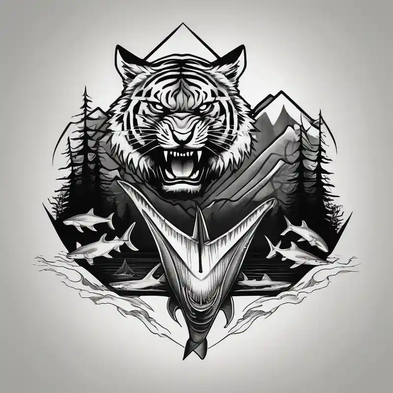 forest mountains in color and tiger shark in black and white