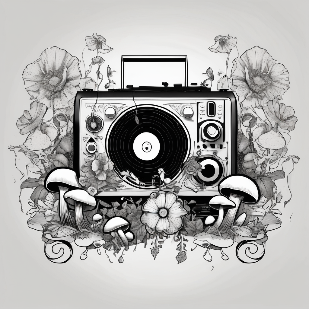 black and white vinyl record player with mushrooms, flowers, and music notes around it white-ink, AI-generated Black and White tattoo design
