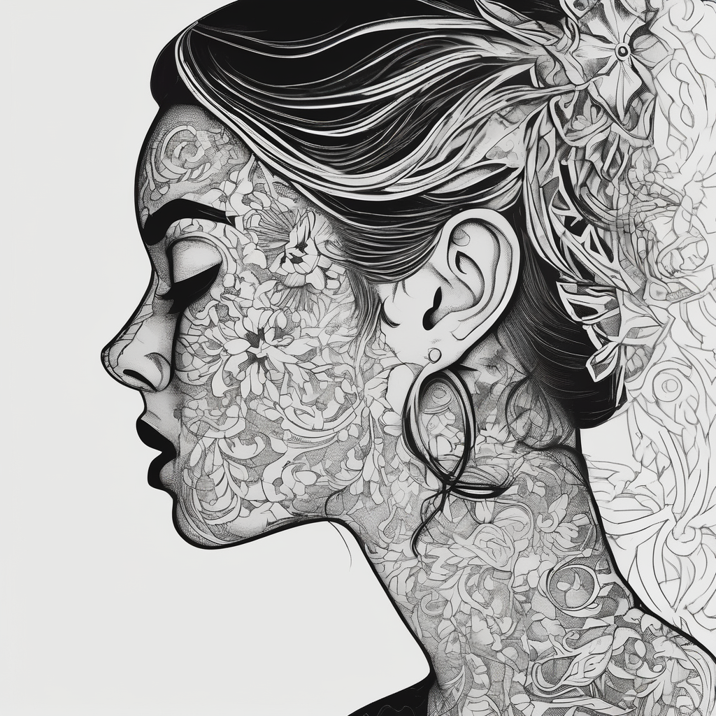 Black and white profile of woman with chin pressed on hand, lace covering her eyes, mouth open suckling on fingers white-ink(AIが生成したミニマルスタイルのタトゥーデザイン)