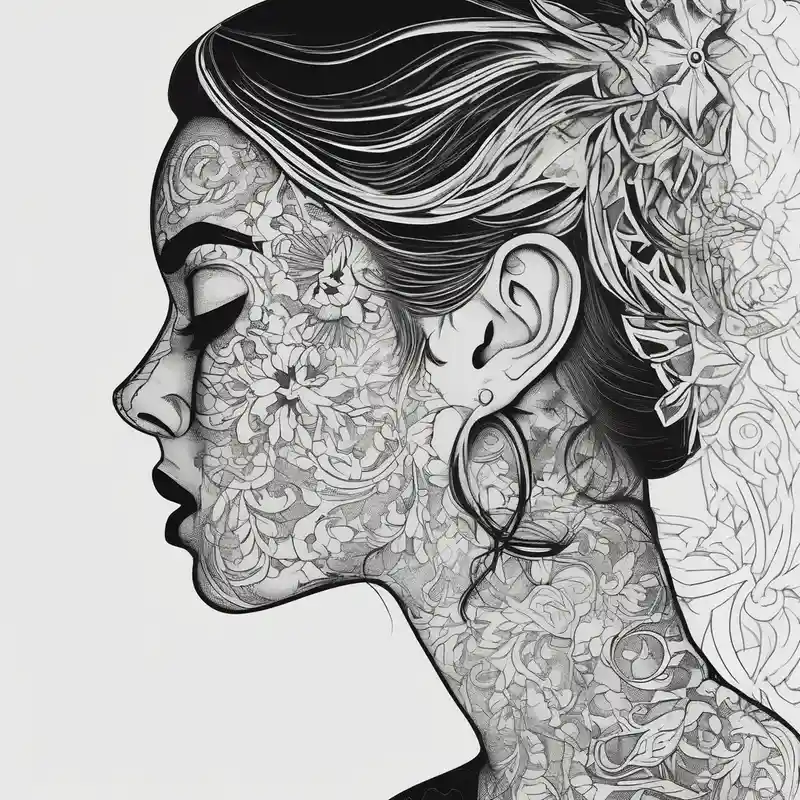Black and white profile of woman with chin pressed on hand, lace covering her eyes, mouth open suckling on fingers – ミニマル, 白黒
