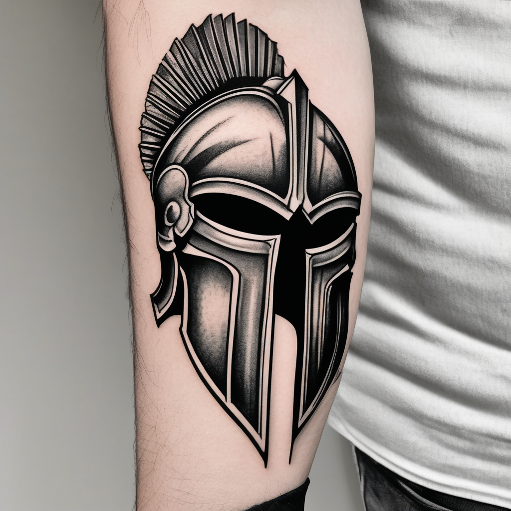 Spartan helmet forearm sleeve, black and white, masculine, aggressive looking, busy flow white-ink(AIが生成したオールドスクールスタイルのタトゥーデザイン)