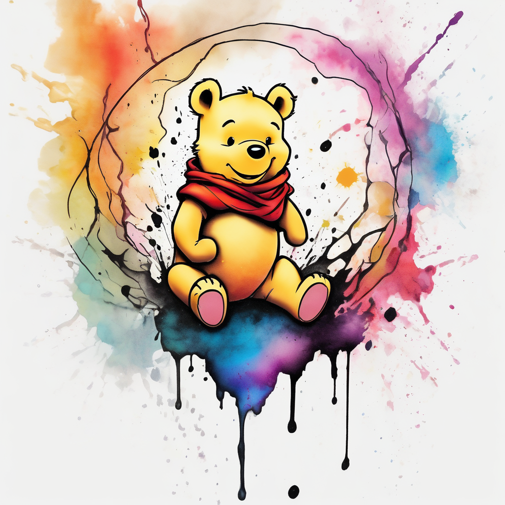 Pooh bear floating away winnie-the-pooh, AI-generated Watercolor tattoo design