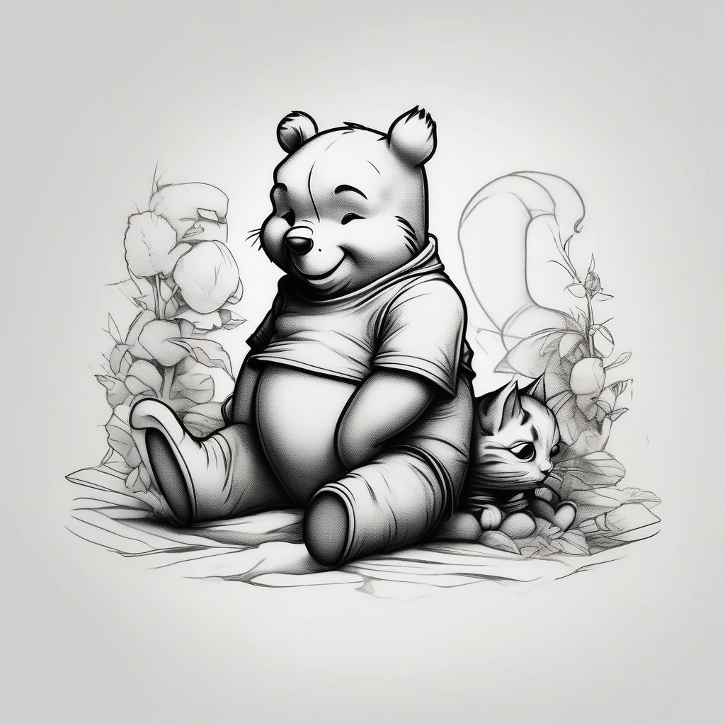 Winnie the pooh with a cat winnie-the-pooh, AI-generated Realistic tattoo design