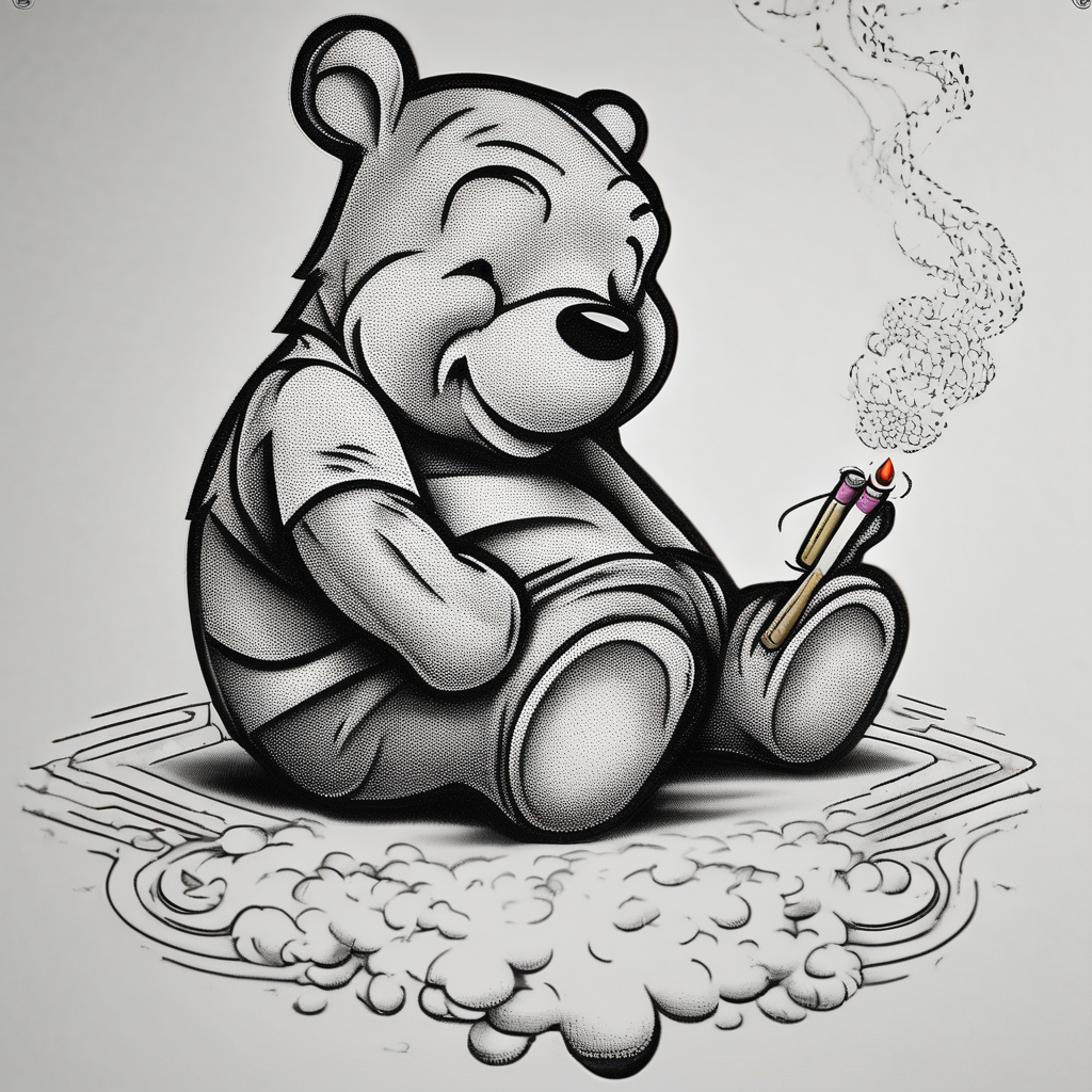 Winnie Pooh smoking joint winnie-the-pooh, AI-generated Dotwork tattoo design