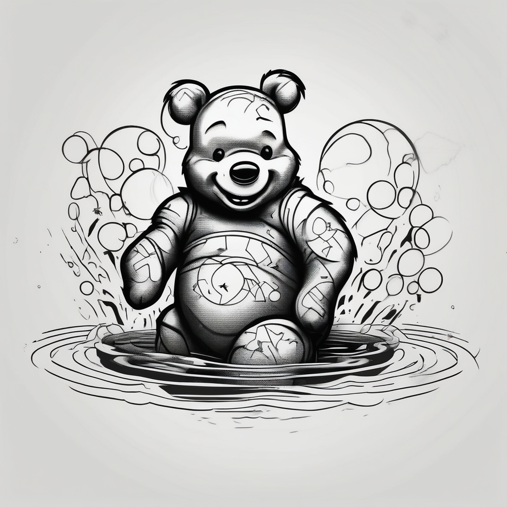 Pooh bear floating away winnie-the-pooh, AI-generated Blackwork tattoo design