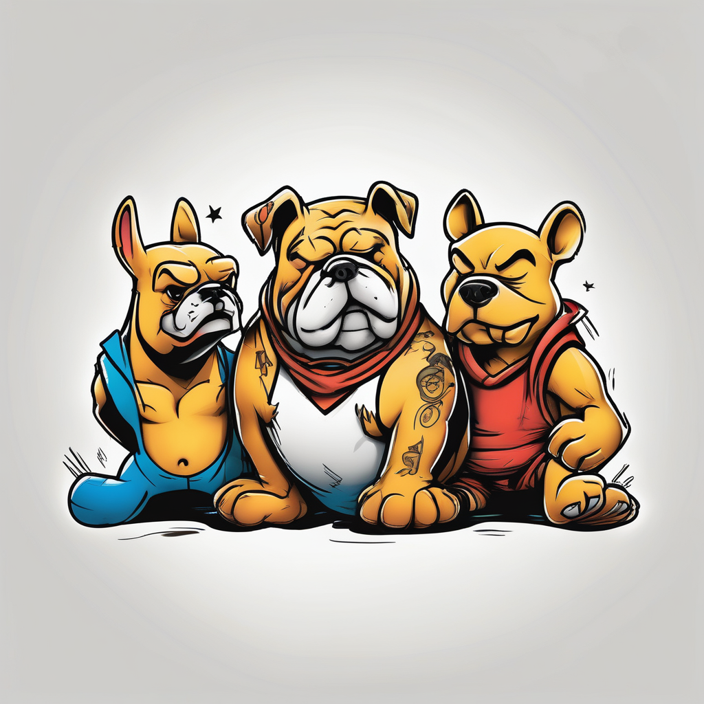 Pooh bear and a Bulldog winnie-the-pooh, AI-generated Cartoon tattoo design
