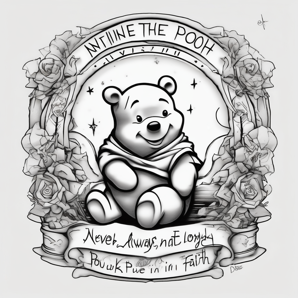 Winnie the Pooh with the words “ never alone always lonely, Always have faith but not in god” winnie-the-pooh, AI-generated Sketch tattoo design