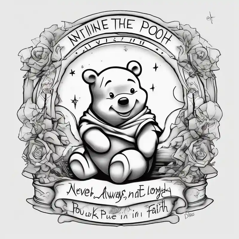 Winnie the Pooh with the words “ never alone always lonely, Always have faith but not in god” – Sketch, Black and white