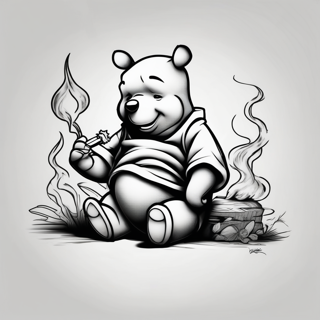 Winnie Pooh smoking joint winnie-the-pooh, AI-generated Black and White tattoo design