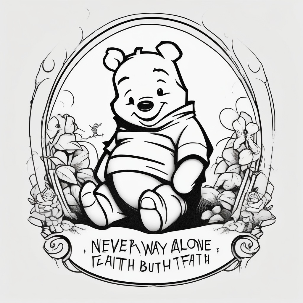 Winnie the Pooh with the words “ never alone always lonely, Always have faith but not in god” winnie-the-pooh, AI-generated Cartoon tattoo design